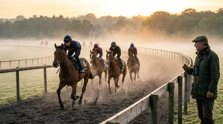 Chevaux de galop à l'entraînement sur une piste française au petit matin