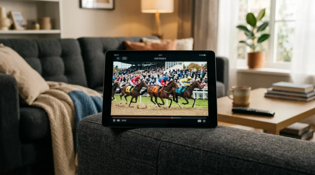 Écran de streaming montrant une course hippique en direct avec chevaux au galop