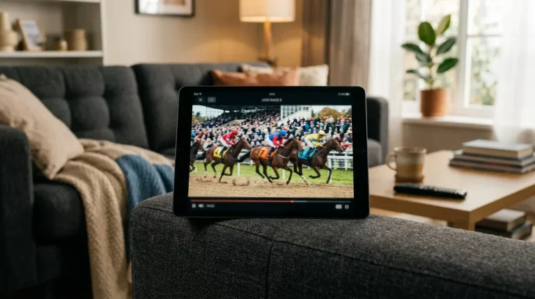 Écran de streaming montrant une course hippique en direct avec chevaux au galop