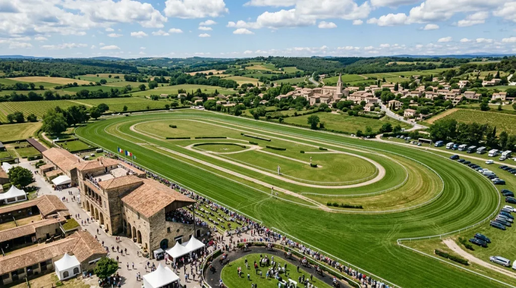 Vue aérienne d'un hippodrome français avec tribunes et piste en herbe
