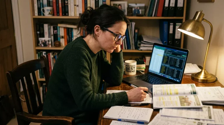 Turfiste analysant des programmes de courses hippiques avec tableur de suivi financier