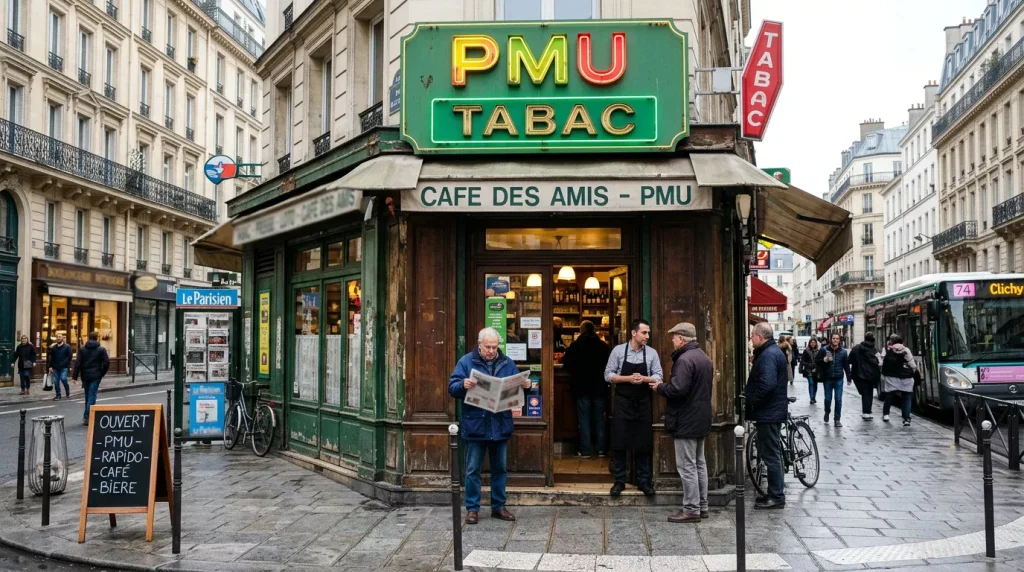 Façade d'un point de vente PMU en France avec enseigne verte historique