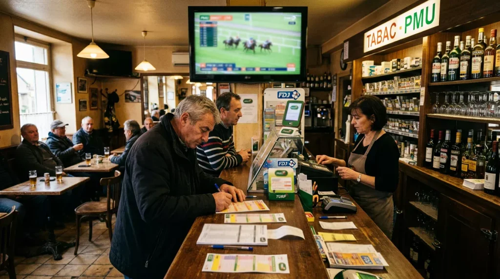 Comptoir d'un bar-tabac PMU avec écran de courses et tickets de paris