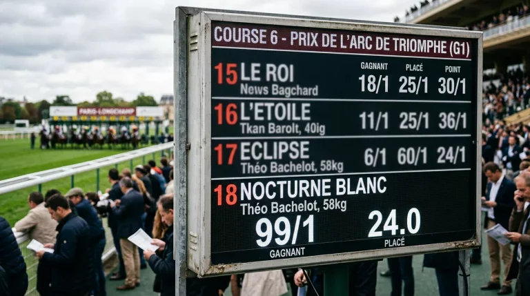 Tableau de cotes hippiques montrant un outsider à forte cote en fin de liste