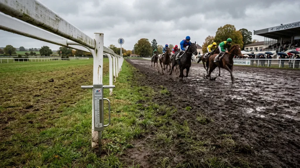 Piste d'hippodrome montrant différents états du terrain du bon au lourd