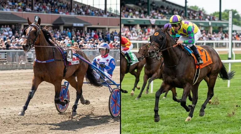 Comparaison entre un trotteur attele avec sulky et un galopeur monte par un jockey
